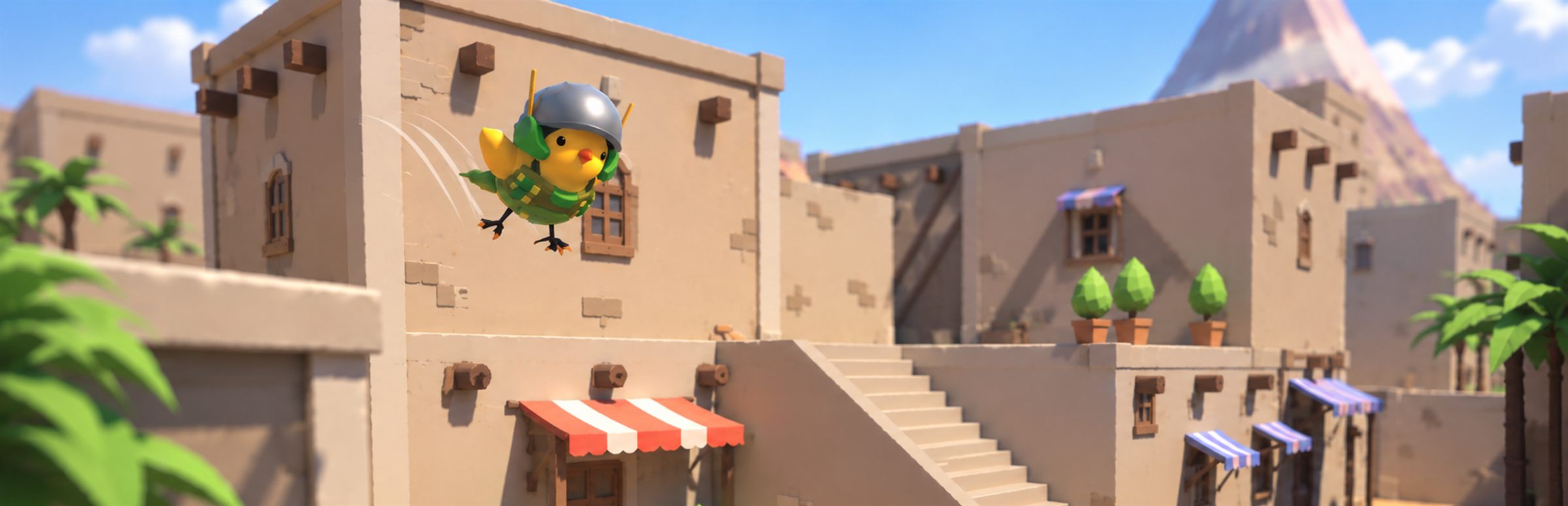 A soldier bird in a helmet leaping over a sunny desert town in Peckout