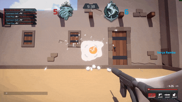 A bird fires an egg launcher and an egg splats against a wall