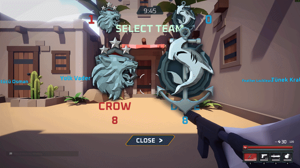 Team selection screen with the Crow and Dove team badges